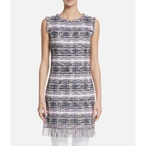 St. John Anna Plaid Tweed Fringe Long Split Side Tunic Top Purple Womens Medium